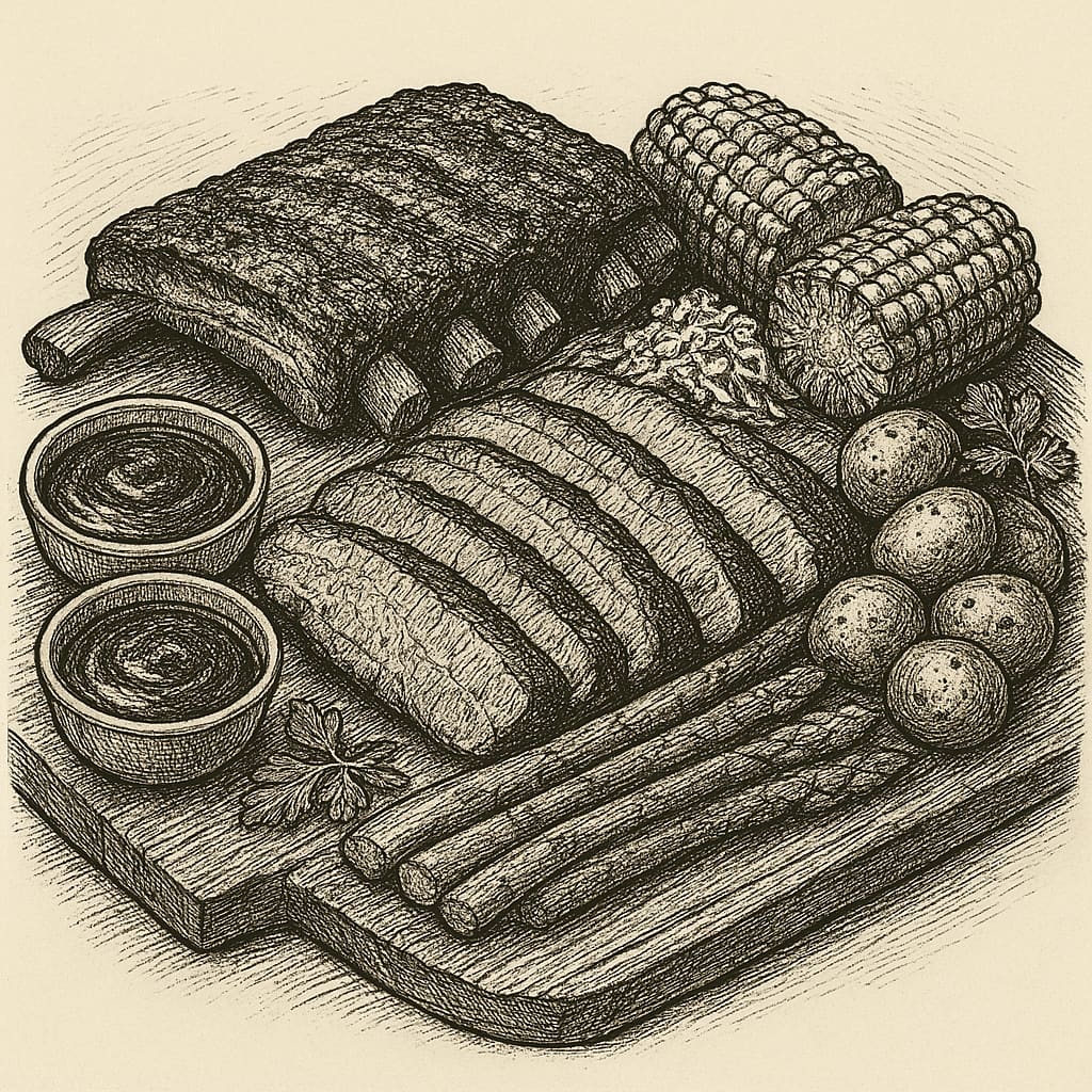 Servierte BBQ-Platte mit Rippchen, Brisket und Beilagen